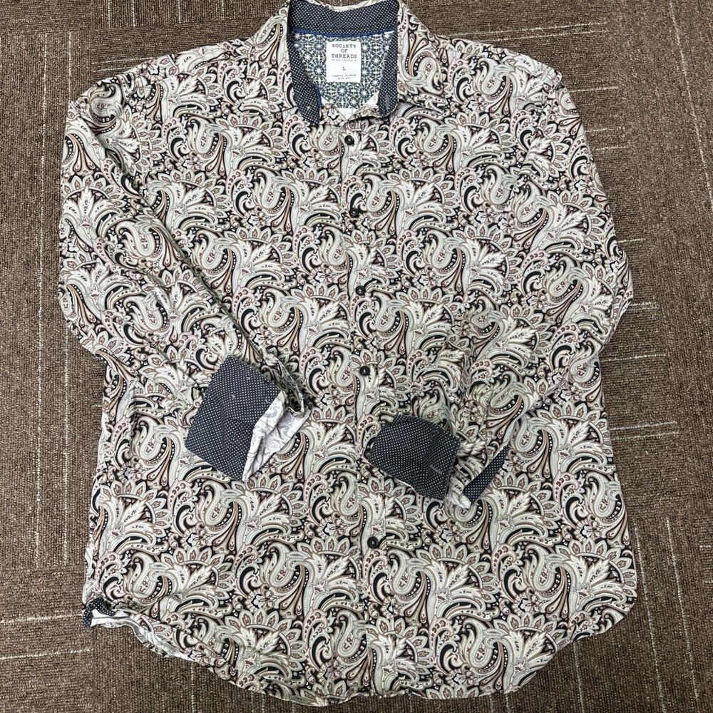 Society Of Threads Shirt Mens Large 16.5 34/35 Paisley Stretch Long Sleeve Dress